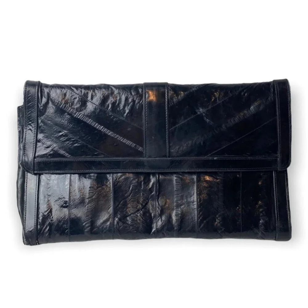 Vintage Black Eel Skin Clutch Made  in Korea